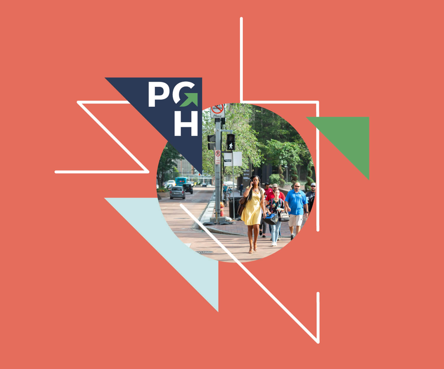 A PGH logo surrounded by branded graphics and an image of people walking downtown.